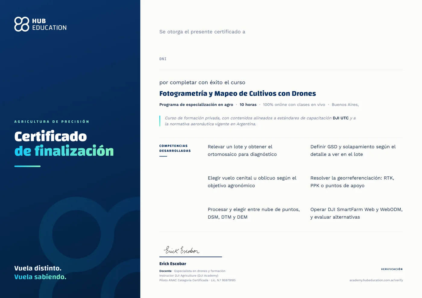Certificado de finalización de Hub Education para el curso Fotogrametría y Mapeo de Cultivos con Drones, de 10 horas, con las competencias desarrolladas, con el código de verificación.