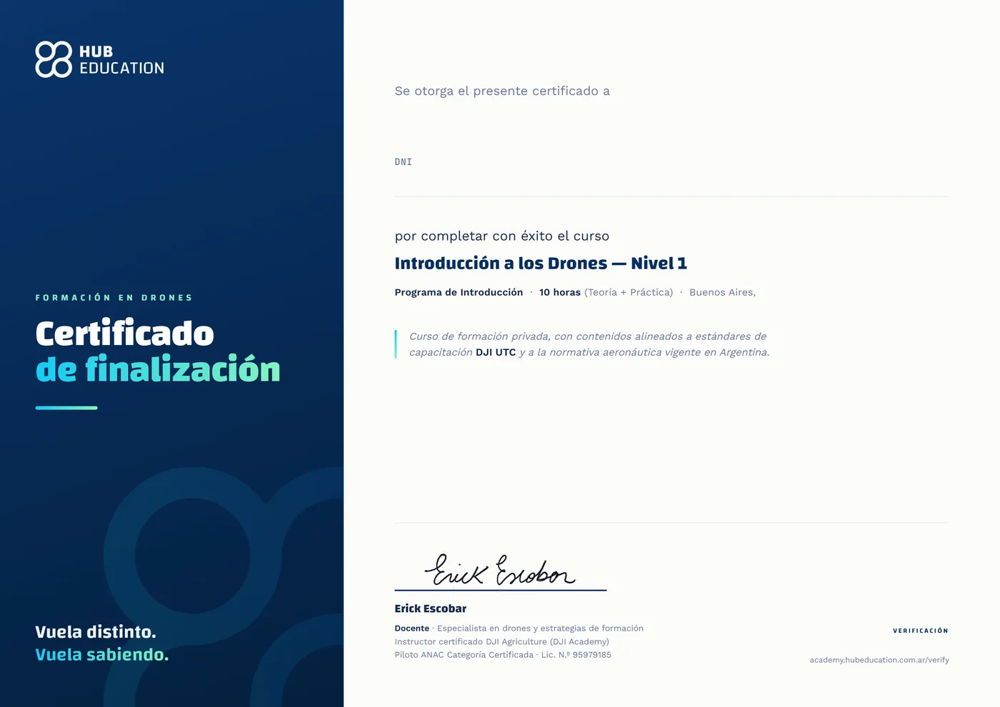 Certificado de finalización de Hub Education para el curso Introducción a los Drones · Presencial, de 10 horas, con el código de verificación.