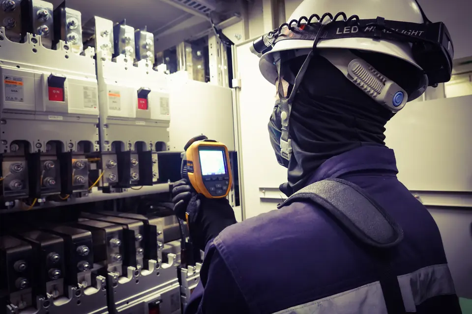 Técnico apunta una cámara termográfica a un tablero eléctrico